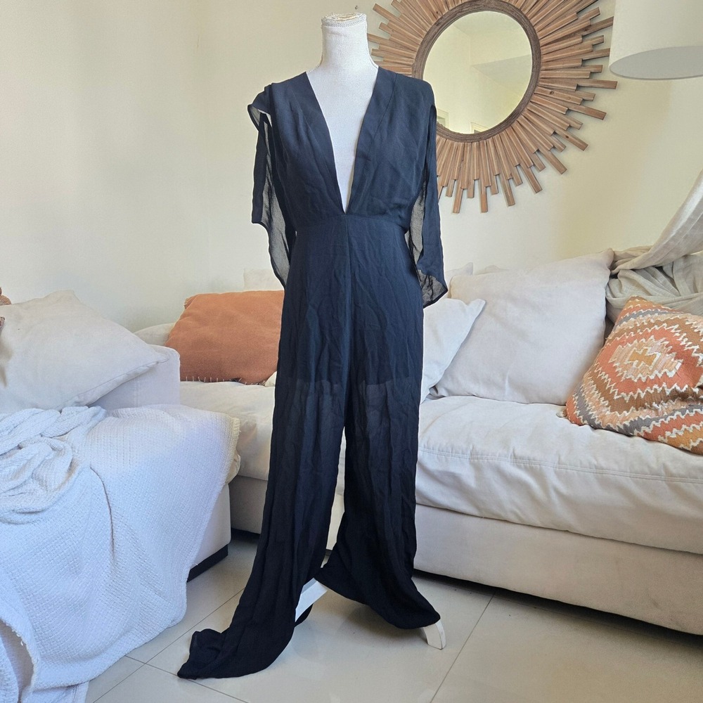 Reformation Size 6 Black Cape Sheer Straight Leg Plunge Sleeveless Jumpsuit